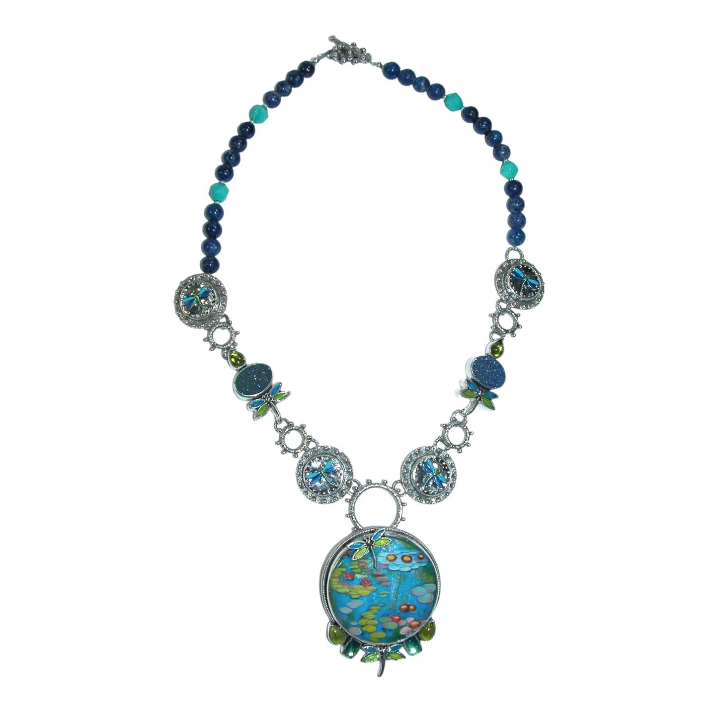 32148 Blue Hand Enameled Dragonfly, Drusy, Turquoise Sterling Silver Beaded Necklace