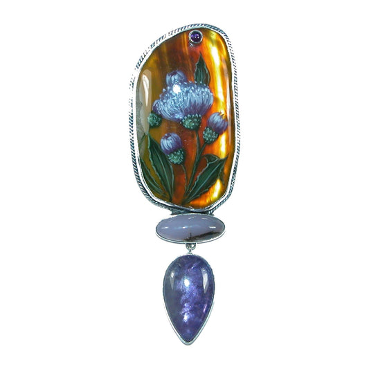 Purple Hand Painted Agate Sterling Silver Pin and Pendant