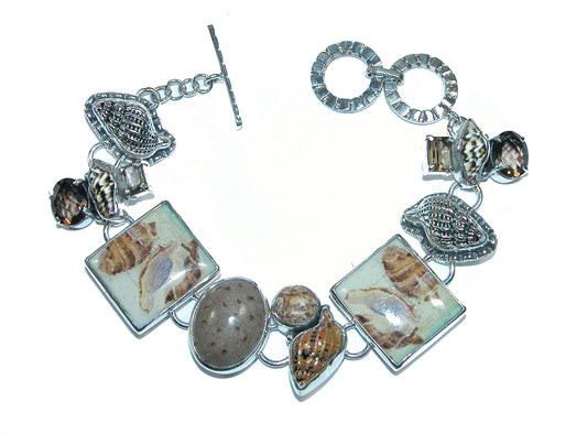 32151 Smokey Quartz Shell Tile Enamel Sterling Silver Bracelet