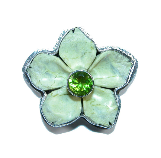 32154 Carved Serpentine Jade Flower, Peridot Sterling Silver Pin and Pendant