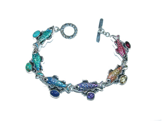 32155 Turquoise, Lapis, Amethyst, Citrine, Fish Sterling Silver Bracelet