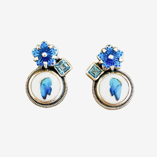 32160 Blue Topaz, Hand Enameled Floral and Butterfly Earrings