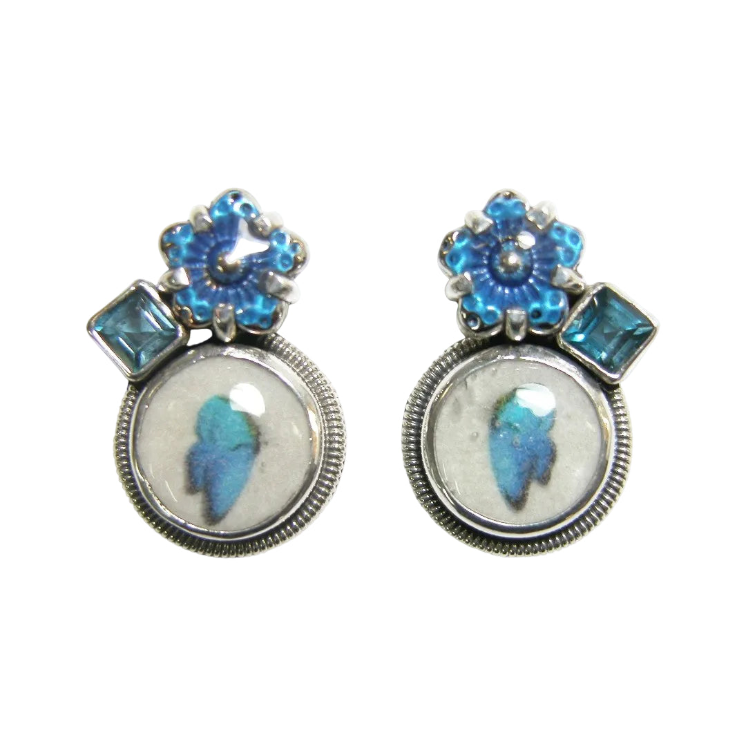 32160 Blue Topaz, Hand Enameled Floral and Butterfly Earrings