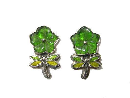 32164 Carved Green Glass Flower Sterling Silver Earrings