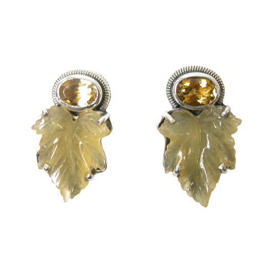 32165 Carved Leaf Citrine, Agate Sterling Silver Earrings