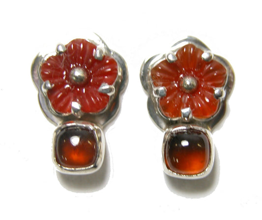 32166 Carnelian Carved Flower Hessonite Sterling Silver Earring
