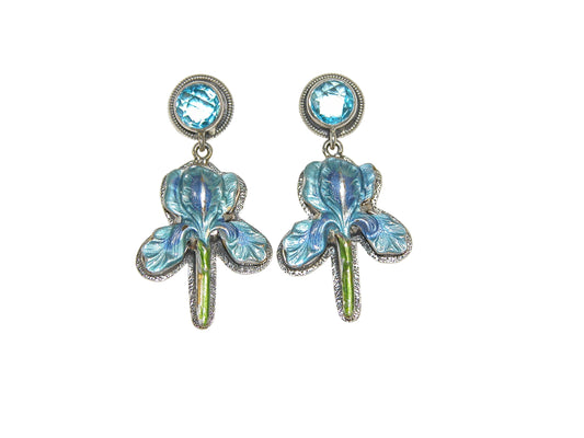 32168 Blue Iris Topaz Hand Enameling Sterling Silver Earrings