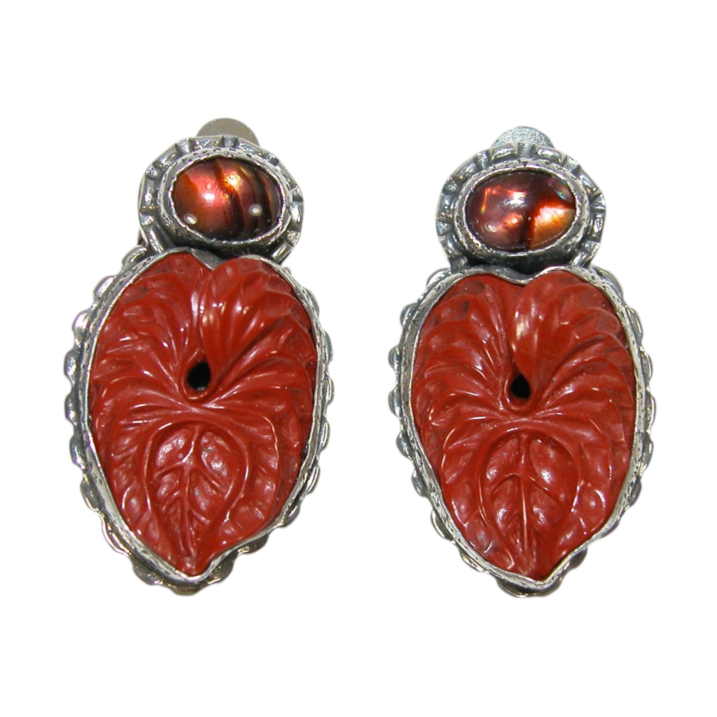 32170 Carved Carnelian, Abalone Sterling Silver Earrings