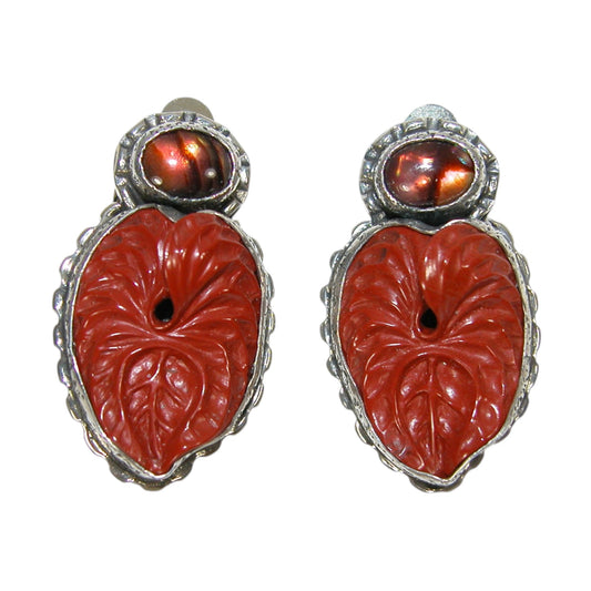 32170 Carved Carnelian, Abalone Sterling Silver Earrings