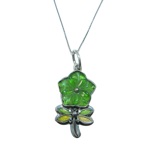32175 Green Flower Hand Enameling Sterling Silver Necklace