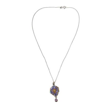 32177A Hand Enameled Flower Amethyst Sterling Silver Necklace
