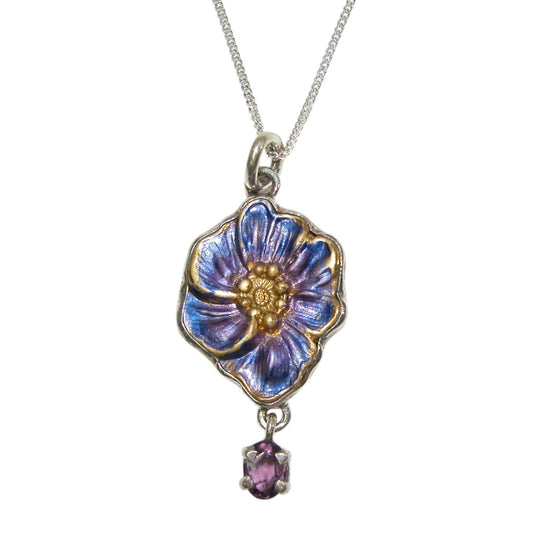 32177A Hand Enameled Flower Amethyst Sterling Silver Necklace