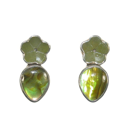 32178 Carved Jade Flower and Abalone Sterling Silver Earrings