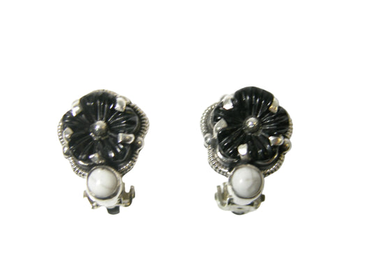 32189 Black Onyx Flower with Howlite Sterling Silver Earrings