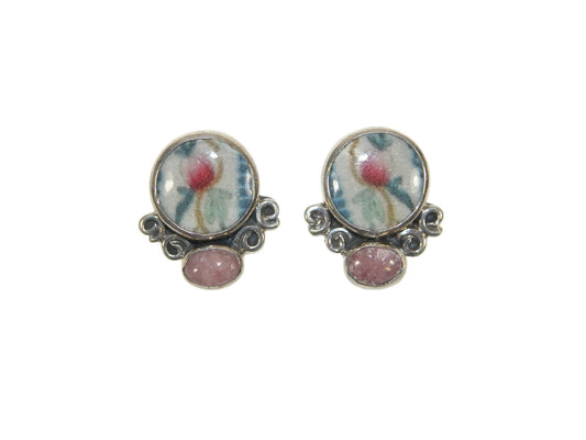 32196 Hand Enamel Tile, Rhodonite, Sterling Silver Earrings