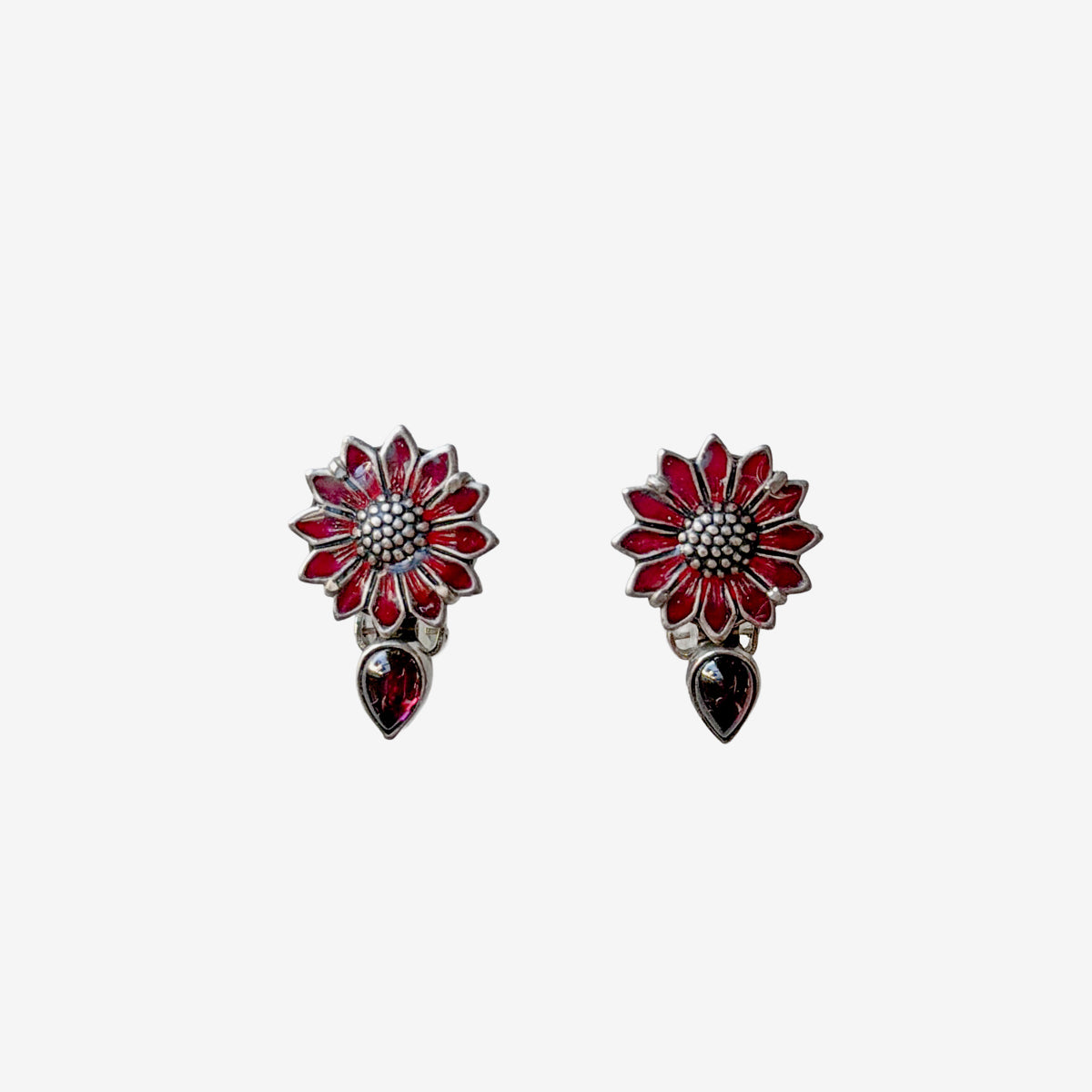 32197D Hand-Enameled Flower, Garnet, Sterling Silver Earrings