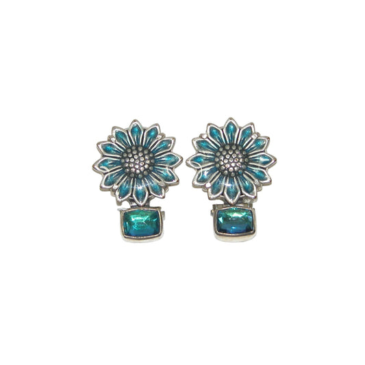 32197 Hand Enameled Flower, Blue Quartz, Sterling Silver Earrings