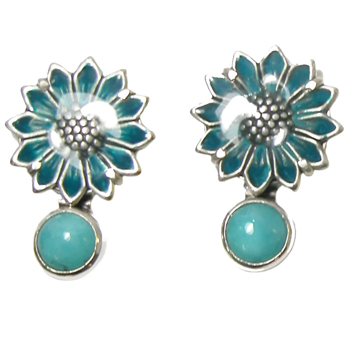 Amazonite and Hand Enameled Daisy Sterling Silver Earrings