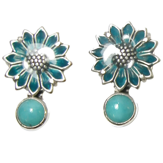 Amazonite and Hand Enameled Daisy Sterling Silver Earrings