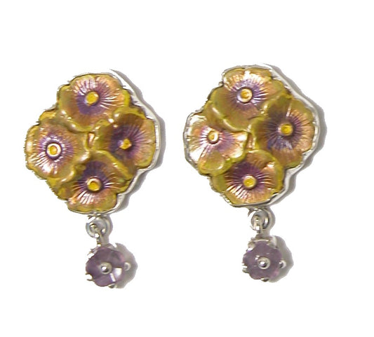 32198A Hand Enameled Flower with Hand Made Glass Flower Sterling Silver Earrings