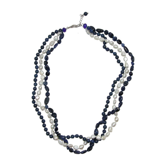 Blue Lapis, Freshwater Pearl Three Strand Sterling Silver Beaded Necklace