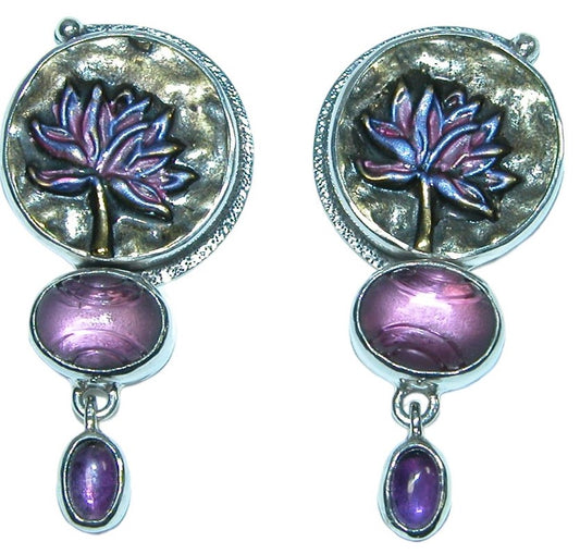 32216 Amethyst Enamel Lotus Sterling Silver Earring