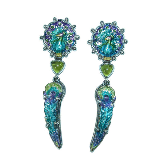 Peridot and Hand Enameled Peacock Feather Dangle Sterling Silver Earrings