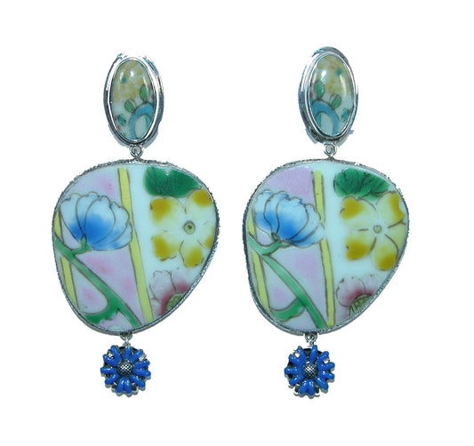 Hand Enameled Floral Sterling Silver Earrings