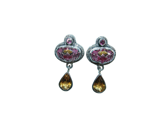 32221 Hand Enameling Flower, Citrine Sterling Silver Earrings