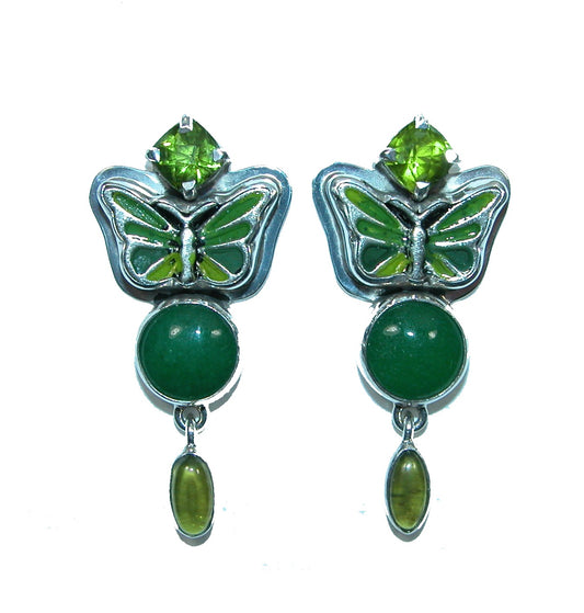 Green Enameled Butterfly Sterling Silver Earrings