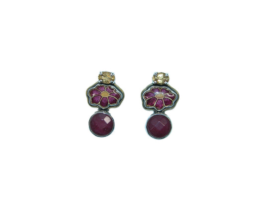 32234 Hand Enameling Flower, Quartz, Citrine Sterling Silver Earrings