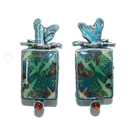 32249 Hessonite, Handmade Tile, Hand Enameling Bird Sterling Silver Earrings