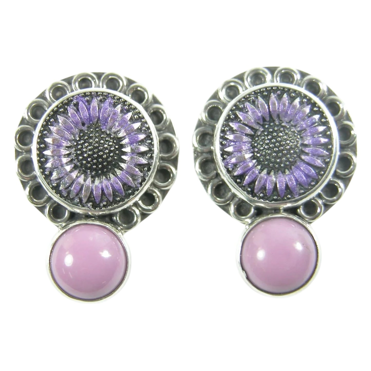 Phosphosiderite Purple Enamel Flower Sterling Silver Earrings