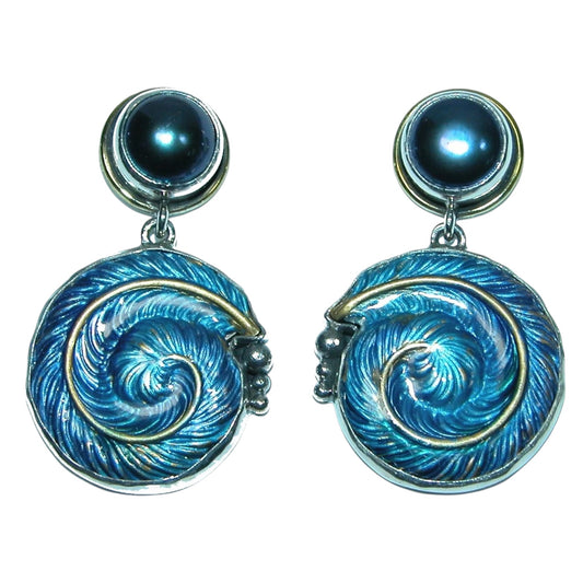 31621 Blue Freshwater Pearl Blue Enamel Feather Swirl Sterling Silver Earrings
