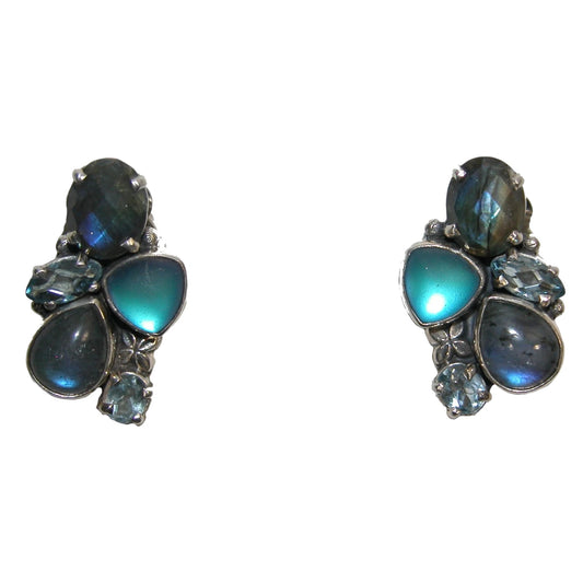 Labradorite Topaz Aquamarine Cluster Sterling Silver Earrings