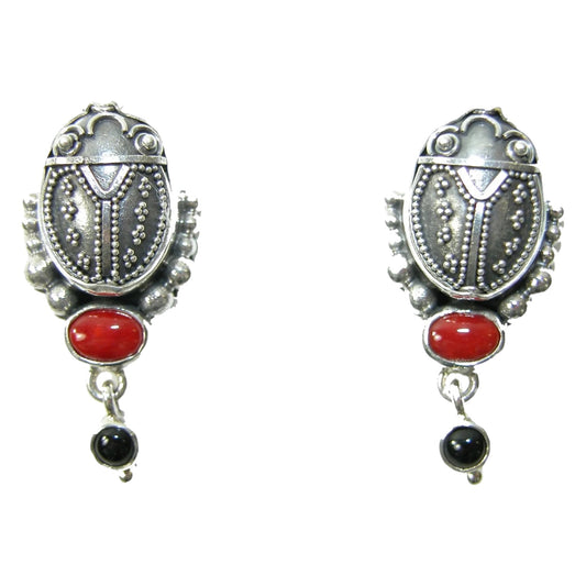 29570 Lady Bug with Coral and Black Onyx on Sterling Silver Earrings