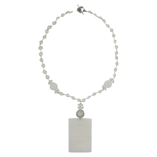 Freshwater Pearl, Hand Carved Tile with Crystals Necklace