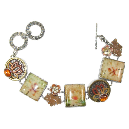 Mother of Pearl Hessonite Lotus Floral Enamel Tile Sterling Silver Bracelet