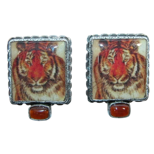 32243 Hand Made Tiger Tile Sterling Silver Earrings