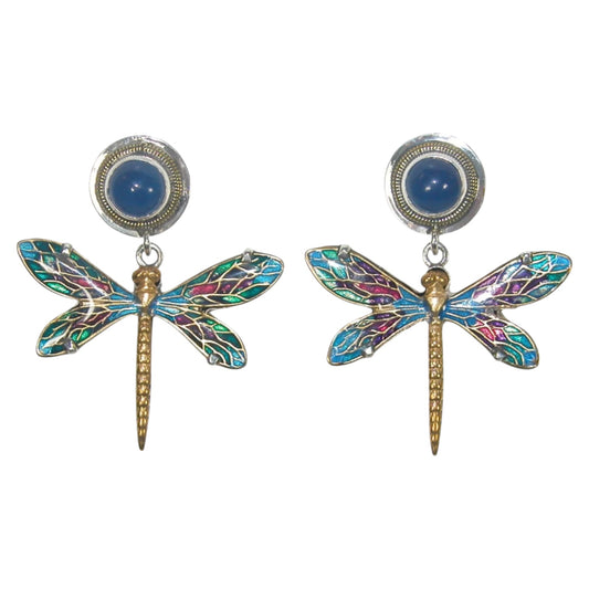 32895 Lapis with Hand Enameled Dragonfly Dangle Sterling Silver Earrings