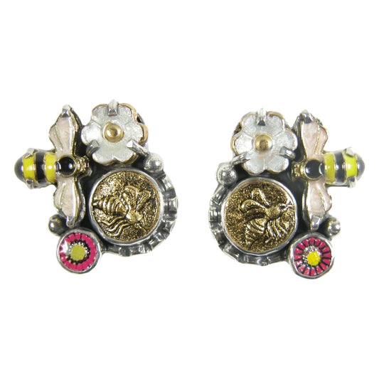 30912 Hand-Painted Enamel Bee and Flowers on Sterling Silver Earrings