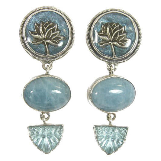 Aquamarine Enamel Lotus Sterling Silver Earrings