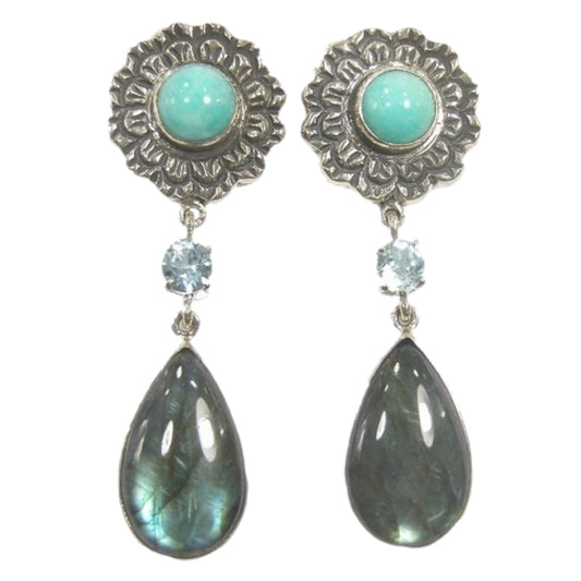Labradorite, Blue Topaz, Labradorite Sterling Silver Drop Earrings