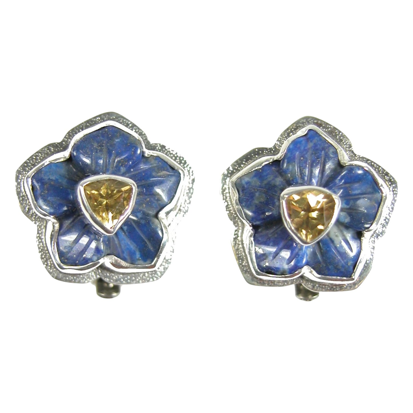 Carved Lapis Flower with Citrine on Sterling Silver Earrings