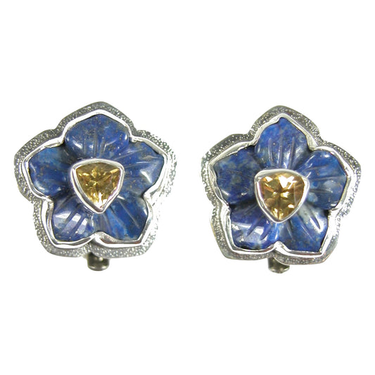 Carved Lapis Flower with Citrine on Sterling Silver Earrings
