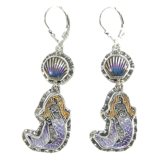 Purple Hand Painted Purple Enamel Mermaid Seashell Sterling Silver Earrings