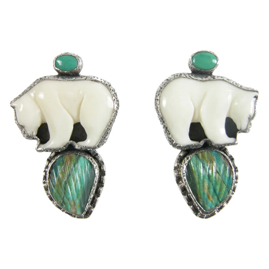 Carved Bear Peruvian Opal Turquoise Sterling Silver