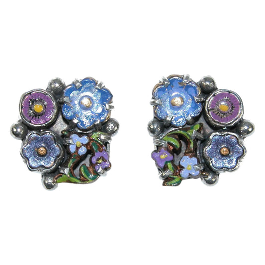 Hand Painted Purple Enamel Flower Cluster Sterling Silver Earrings