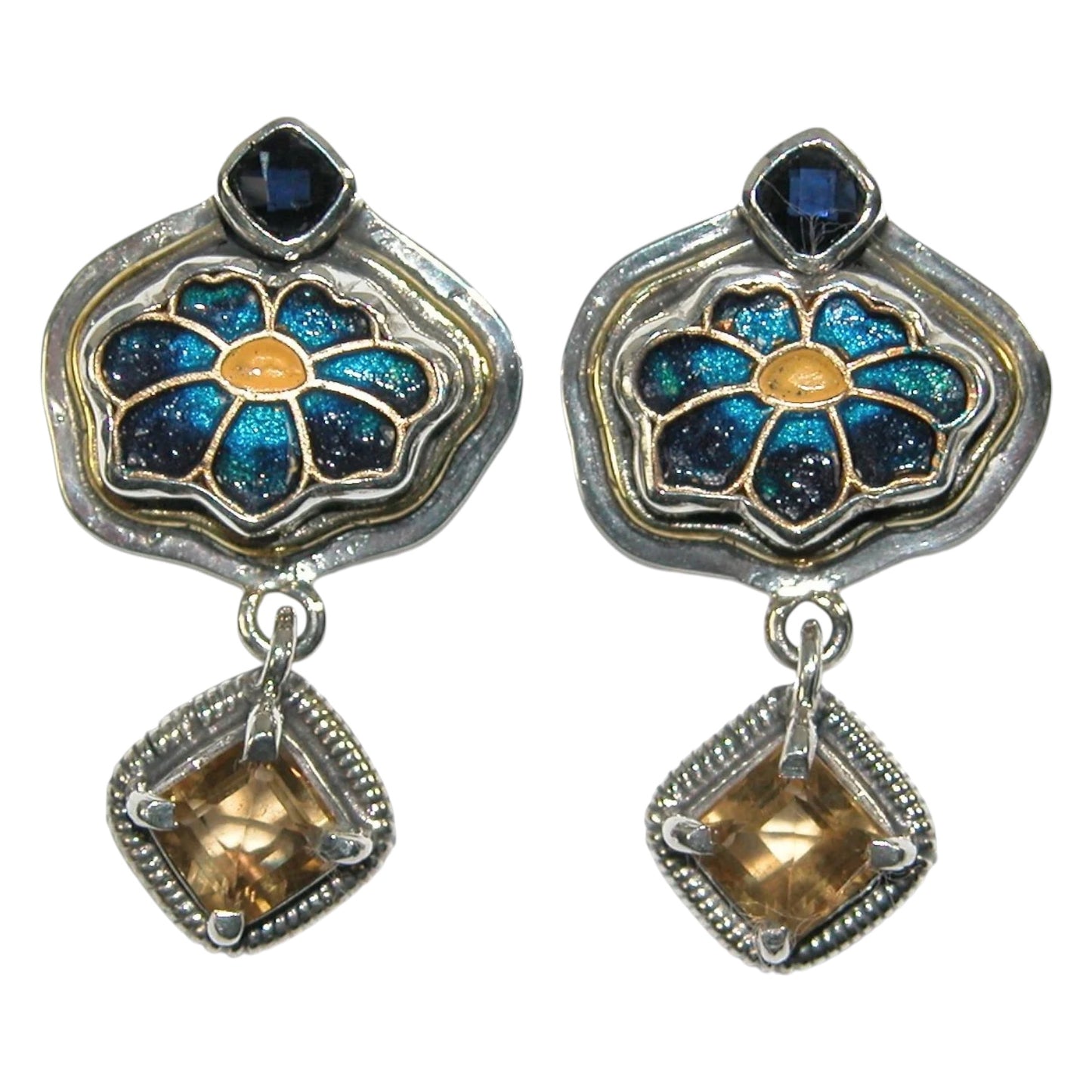 Citrine Hand Painted Enamel Flower Sterling Silver Earrings