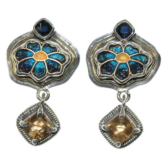 Citrine Hand Painted Enamel Flower Sterling Silver Earrings